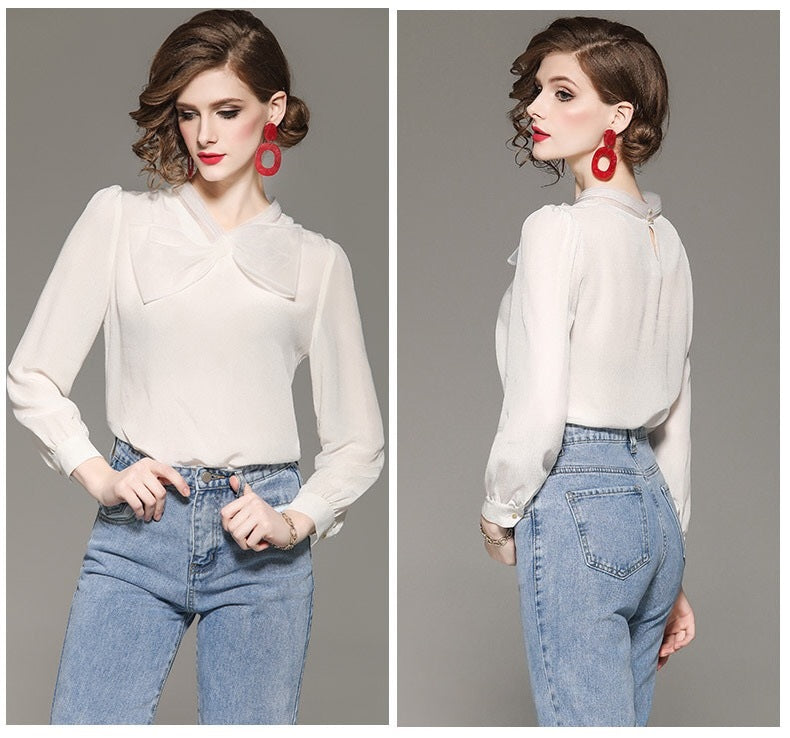 White Chiffon Blouse W/ Bow Tie