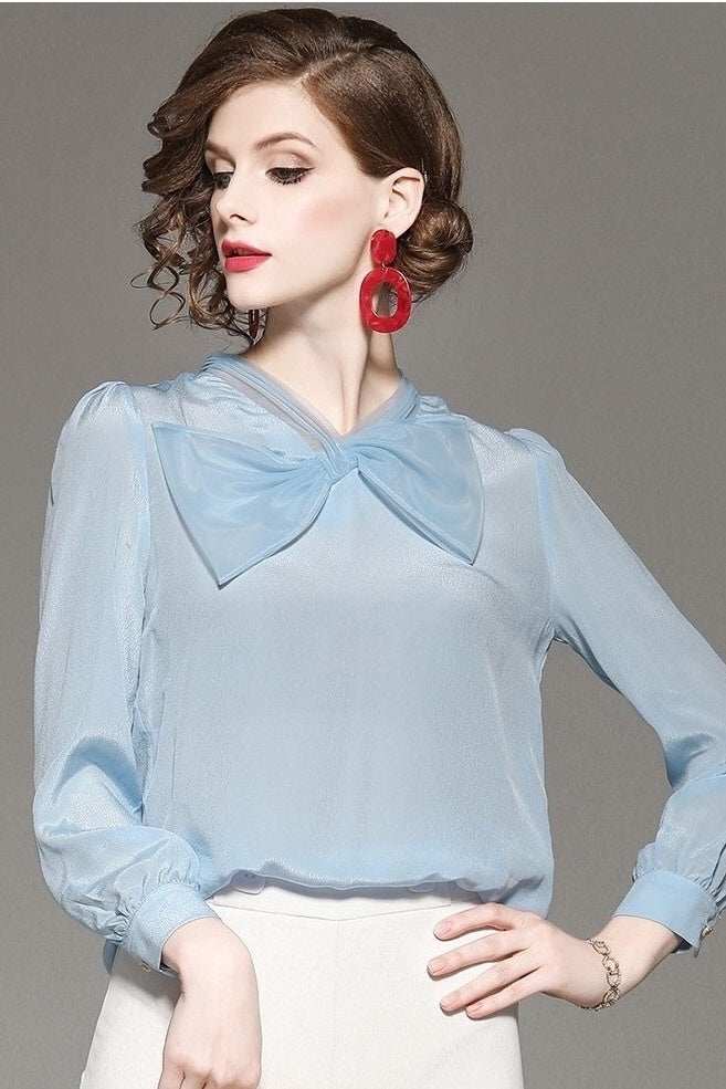 Blue Chiffon Blouse W/ Bow Tie