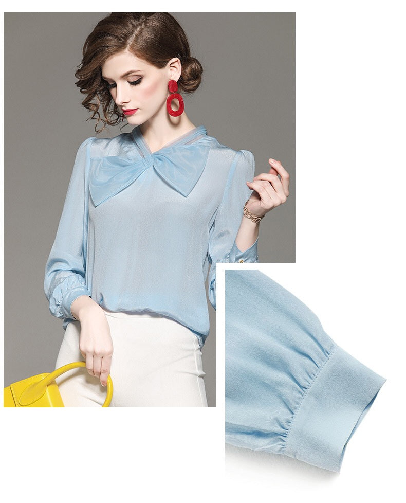 Blue Chiffon Blouse W/ Bow Tie