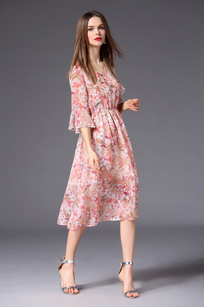 Floral Print Dress W/ Ruffle Detail