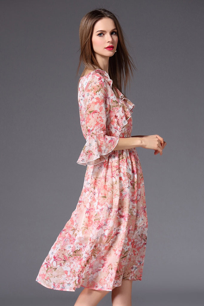Floral Print Dress W/ Ruffle Detail