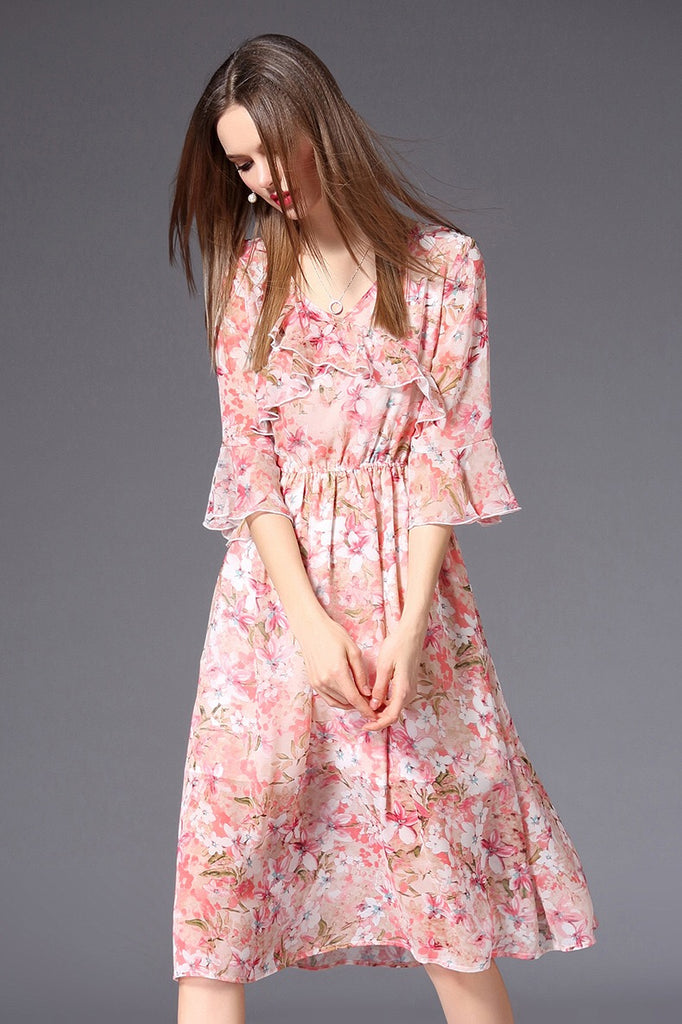 Floral Print Dress W/ Ruffle Detail