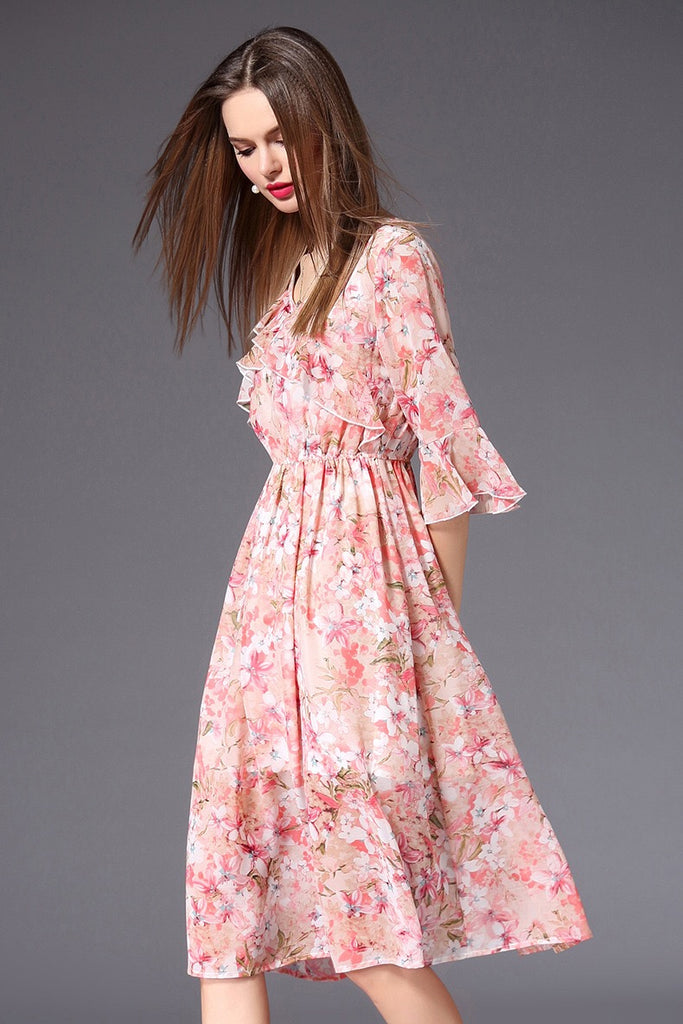 Floral Print Dress W/ Ruffle Detail