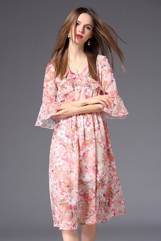 Floral Print Dress W/ Ruffle Detail