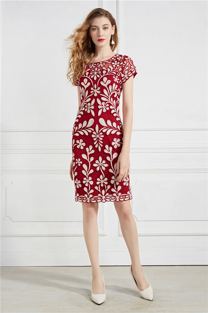 Embroidered Fitted Midi Dress