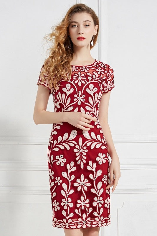 Embroidered Fitted Midi Dress
