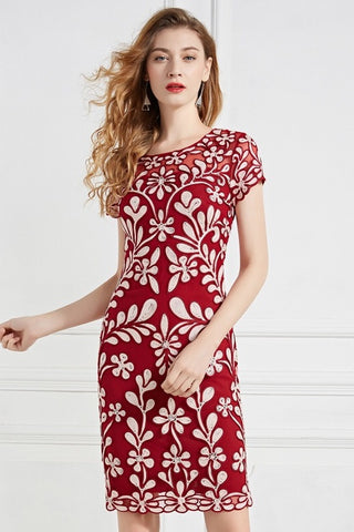 Embroidered Fitted Midi Dress
