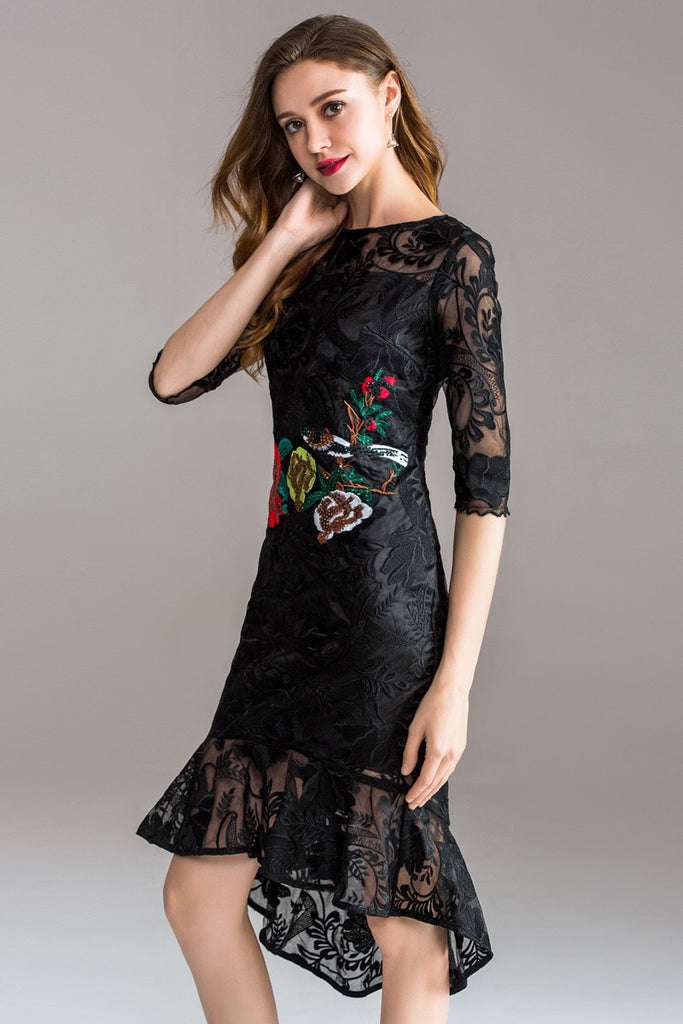 Black Lace Dress W/ Rose Embroidery
