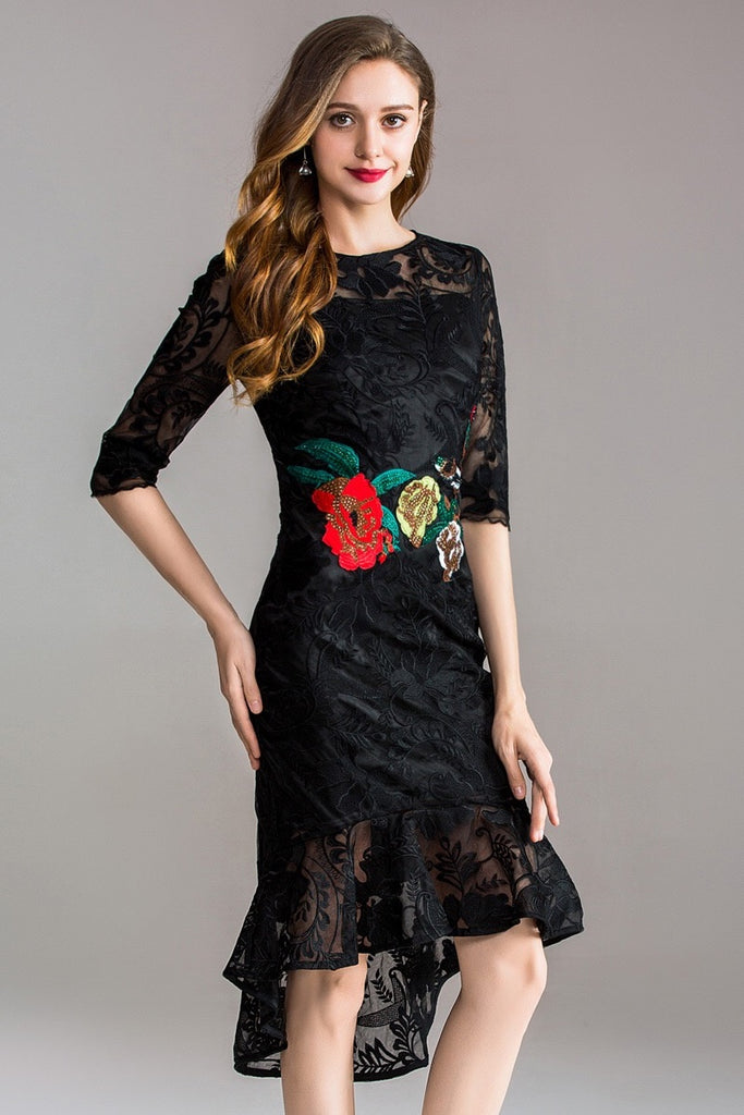 Black Lace Dress W/ Rose Embroidery