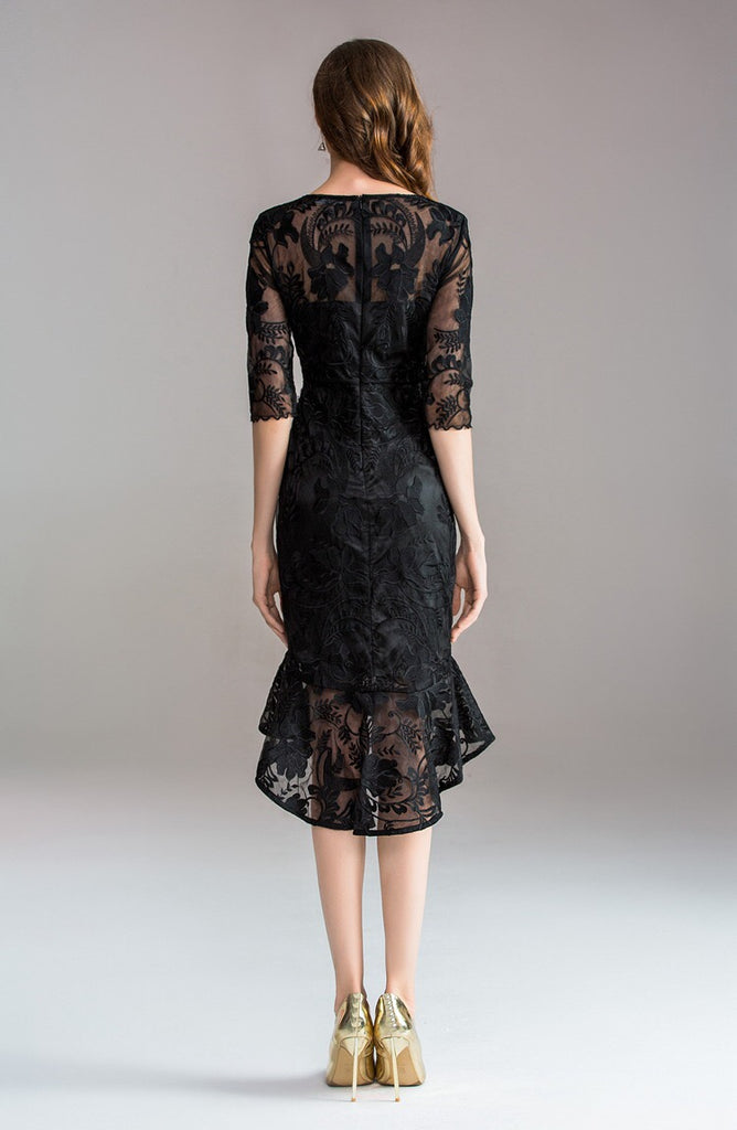 Black Lace Dress W/ Rose Embroidery