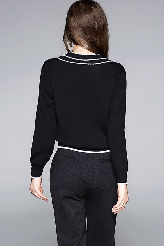 Black Cardigan W/ White Stripe
