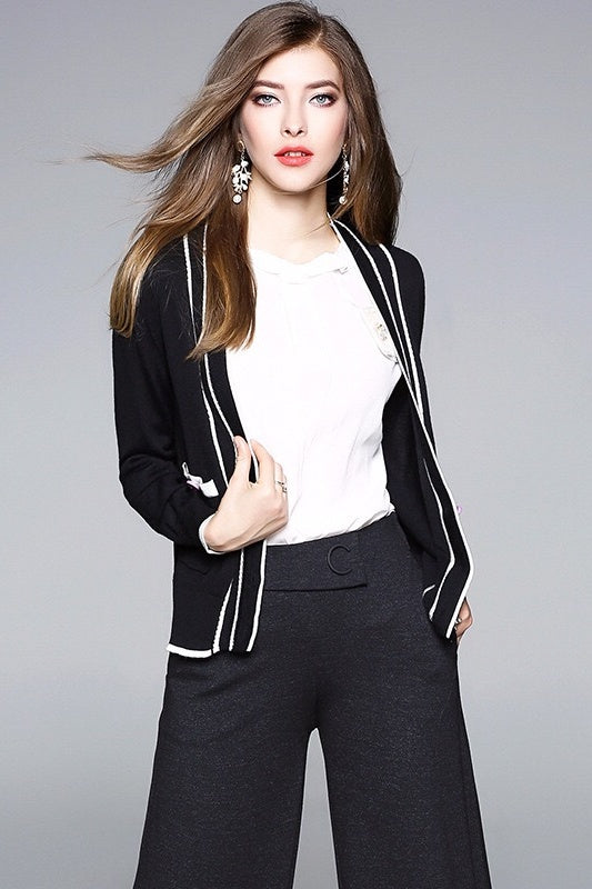 Black Cardigan W/ White Stripe