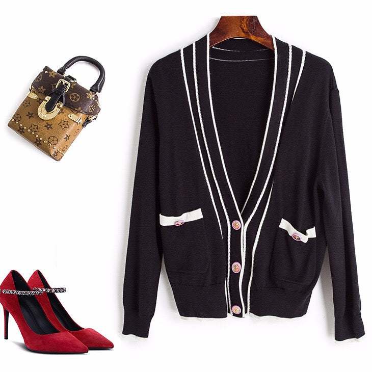 Black Cardigan W/ White Stripe