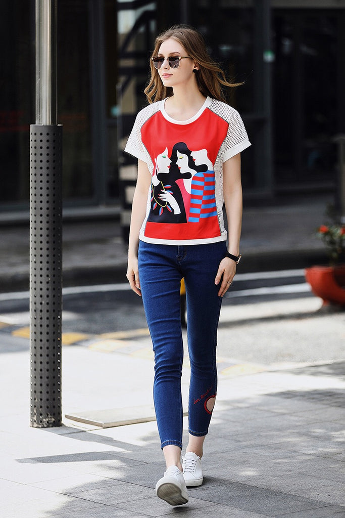 Three Girls Print Mesh T-Shirt