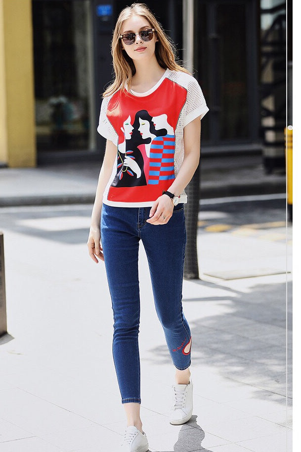 Three Girls Print Mesh T-Shirt