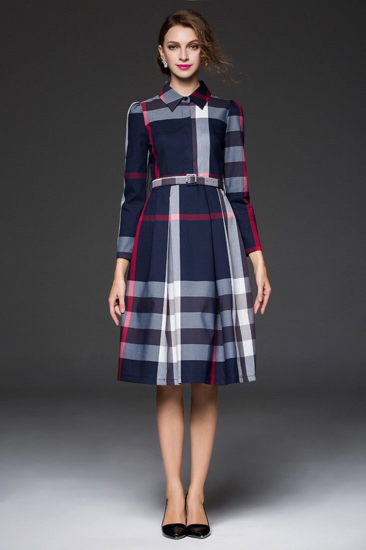 plaid shirt dress with belt Anna-Kaci Women's Plaid Short Shirt Dress Tie Waist Collared Long Slee ALILANG.COM