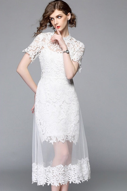 White Lace Dress With Mesh Overlay - White Midi Dress