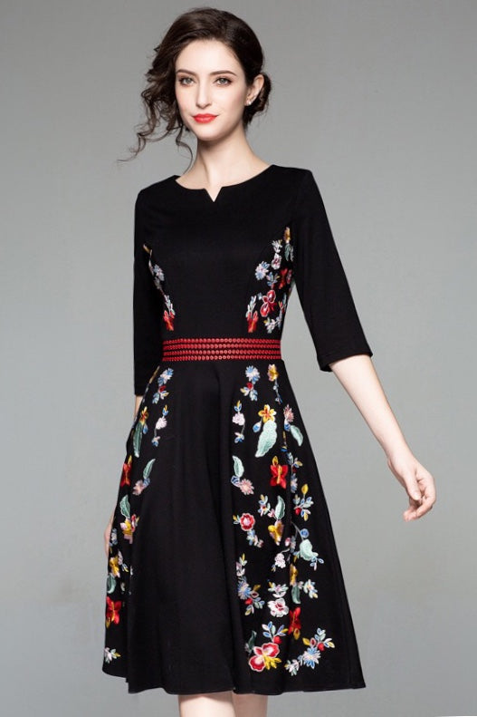 Black Dress W/ Floral Embroidery