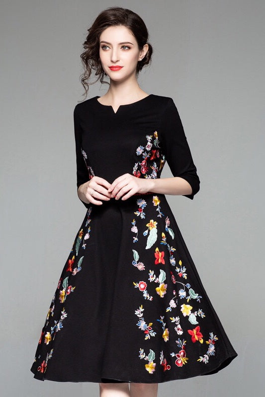 Black Dress W/ Floral Embroidery