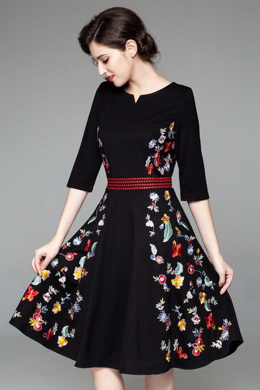 Black Fit and Flare Dress With Floral Embroidery - Women's Party Dress ...