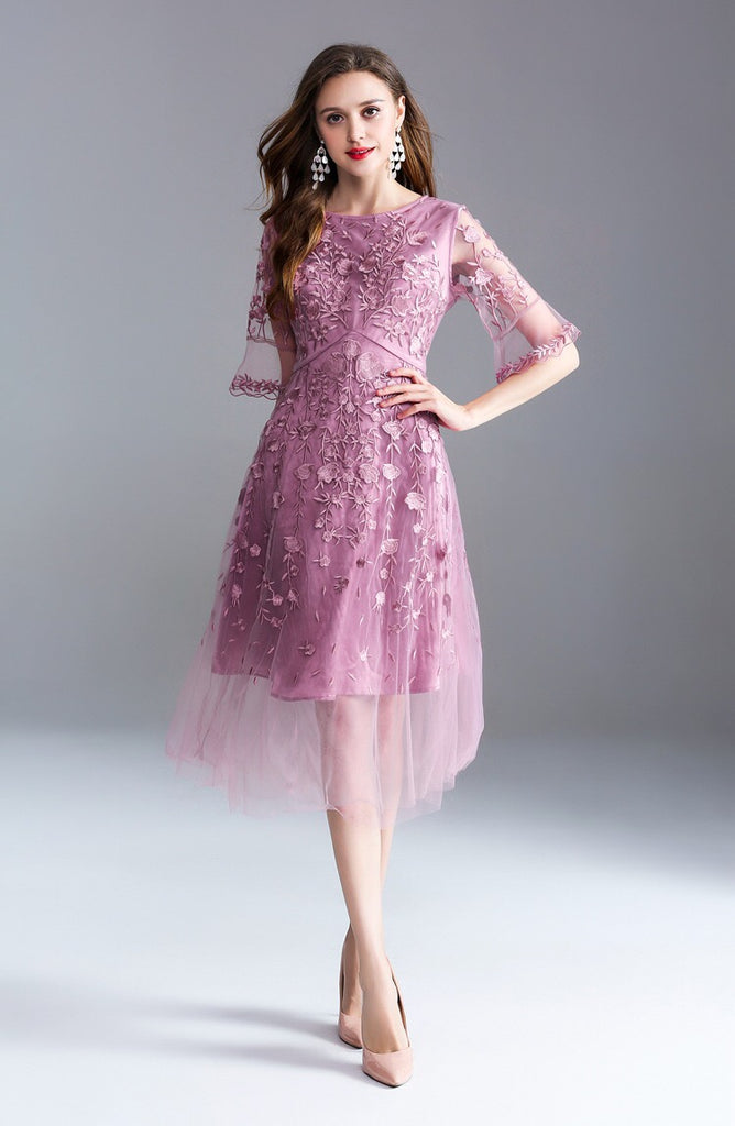 Mesh Midi Dress W/ Embroidery