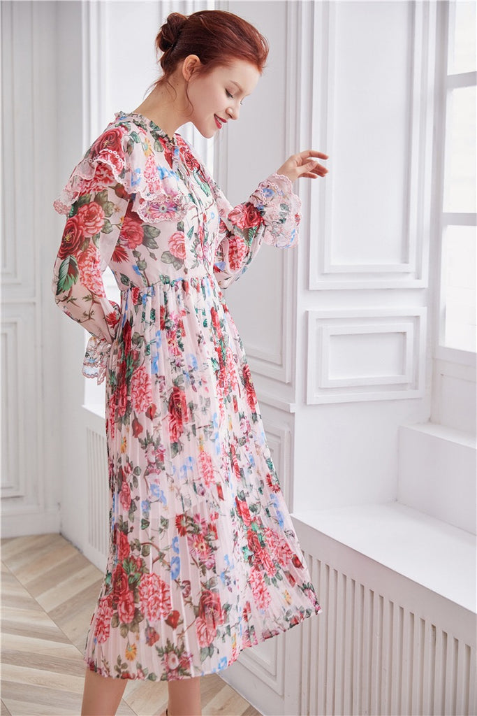 Floral Midi Dress W/ Pleats