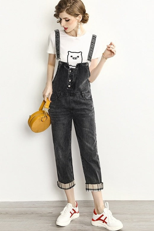 Denim Overalls W/ Plaid Accent