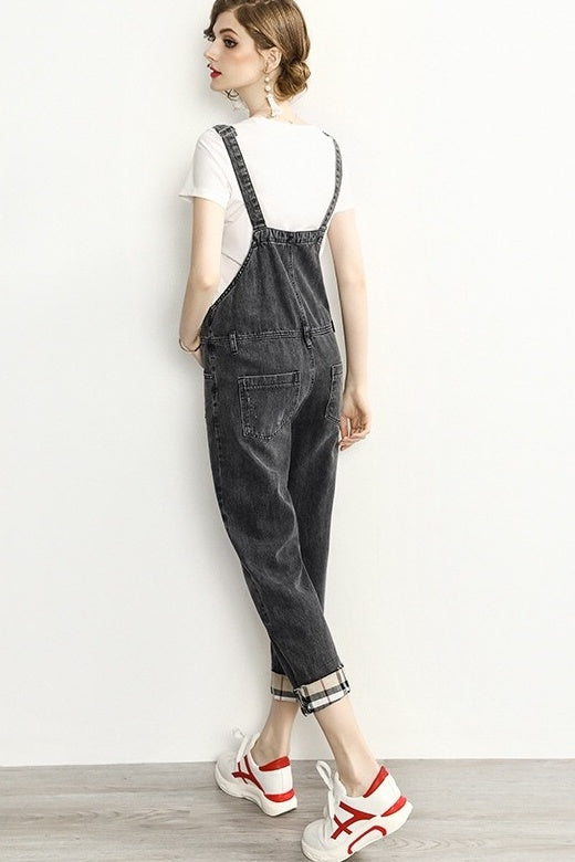 Denim Overalls W/ Plaid Accent