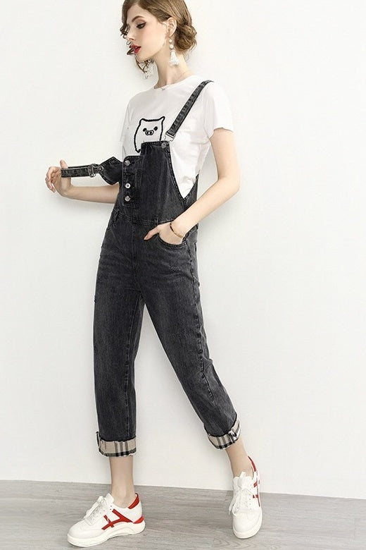 Denim Overalls W/ Plaid Accent