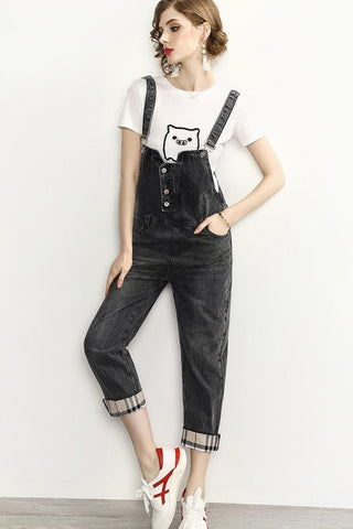 Denim Overalls W/ Plaid Accent