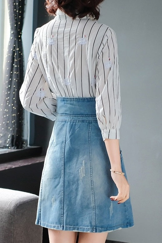 Embroidered Striped Denim Illusion Dress