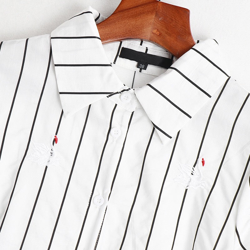 Embroidered Striped Denim Illusion Dress