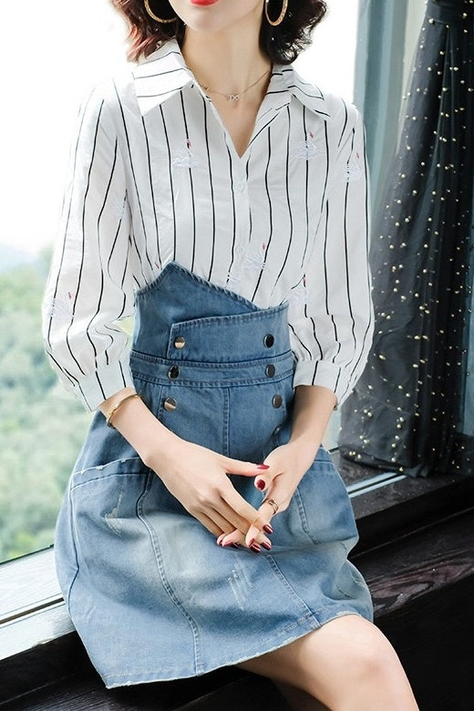 Embroidered Striped Denim Illusion Dress