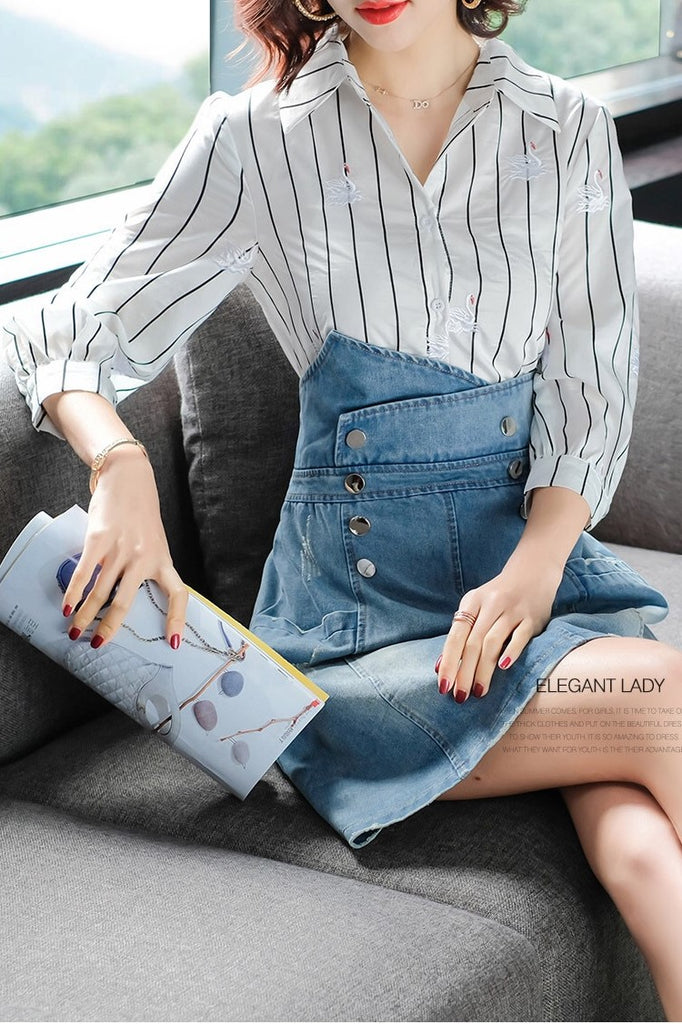 Embroidered Striped Denim Illusion Dress