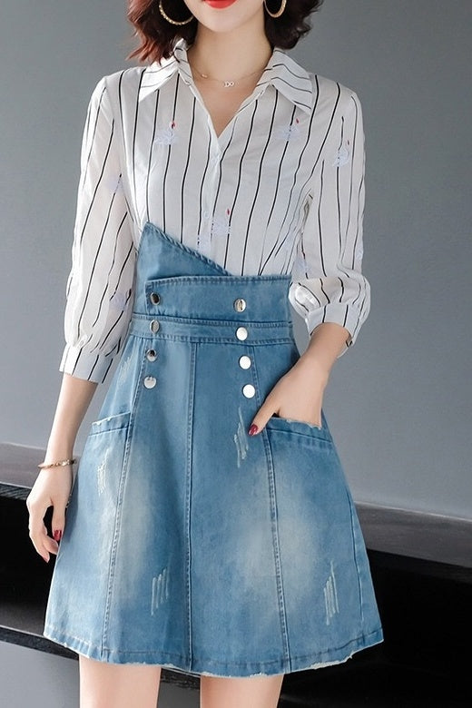 Embroidered Striped Denim Illusion Dress