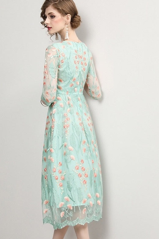 Floral Embroidered Dress W/ Lace Hem