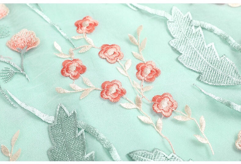 Floral Embroidered Dress W/ Lace Hem - Green Party Dress - Dress Album Floral Embroidered Dress W/ Lace Hem - Green Party Dress - Dress Album