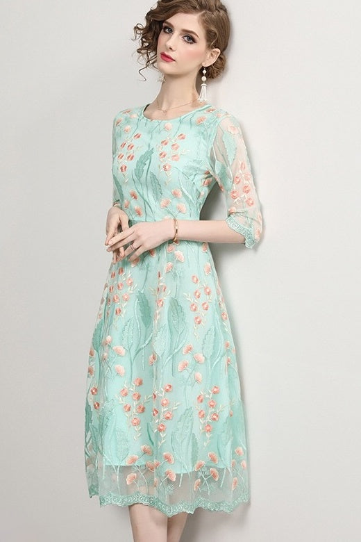 Floral Embroidered Dress W/ Lace Hem