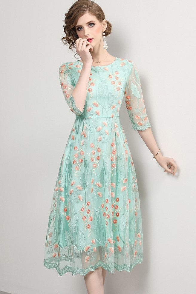 Floral Embroidered Dress W/ Lace Hem