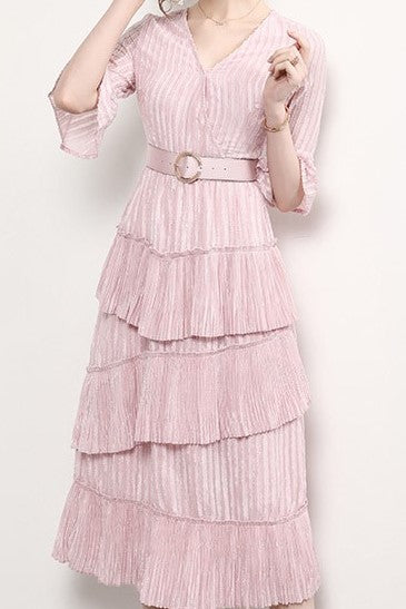 Pleated Tier Dress W/ Belt