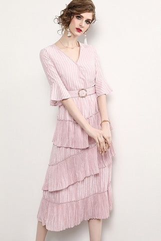 Pleated Tier Dress W/ Belt