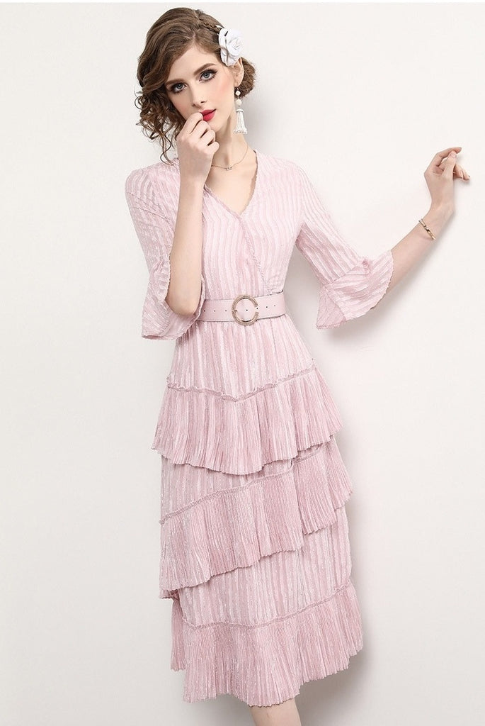 Pleated Tier Dress W/ Belt