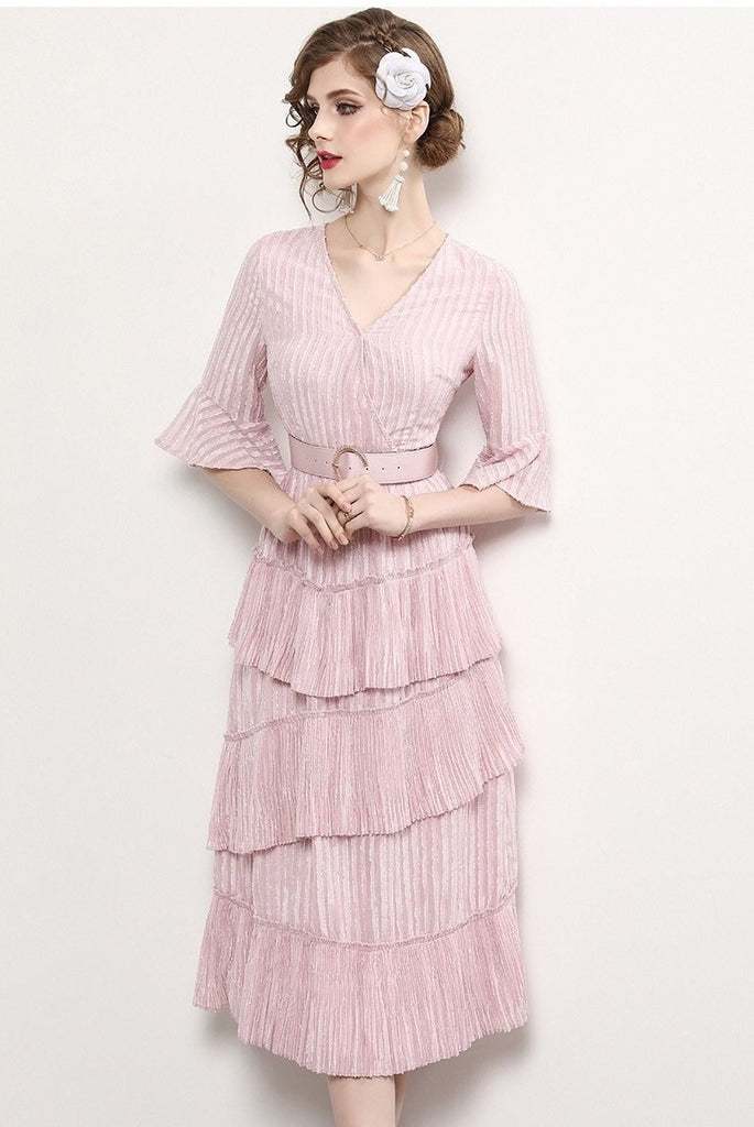Pleated Tier Dress W/ Belt