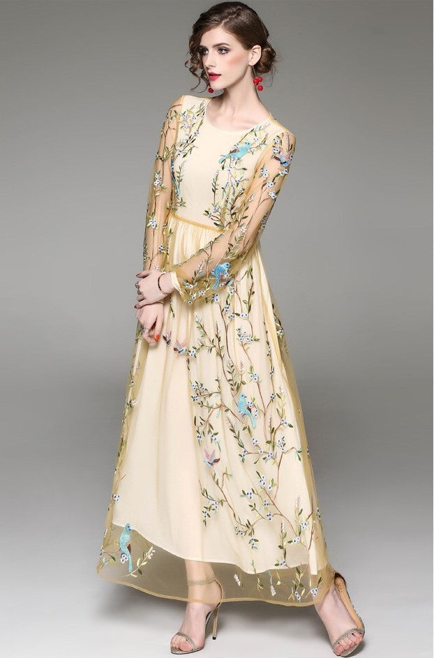Embroidered Mesh Maxi Dress