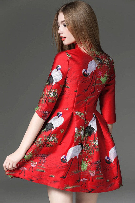 Crane Print Qi Pao Dress