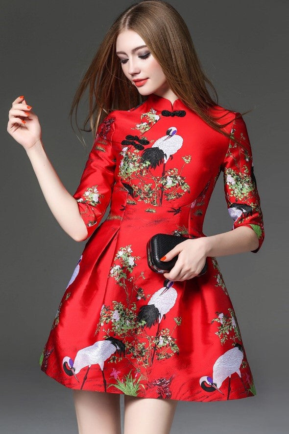 Crane Print Qi Pao Dress