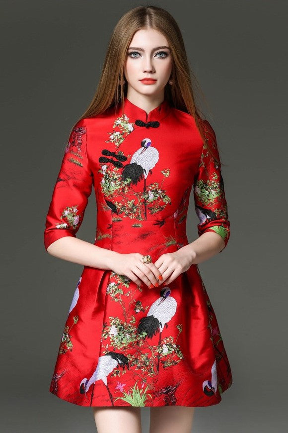Crane Print Qi Pao Dress