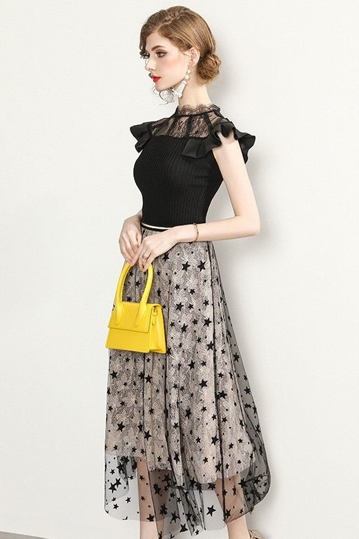 Star Printed Dress W/ Sheer Neck