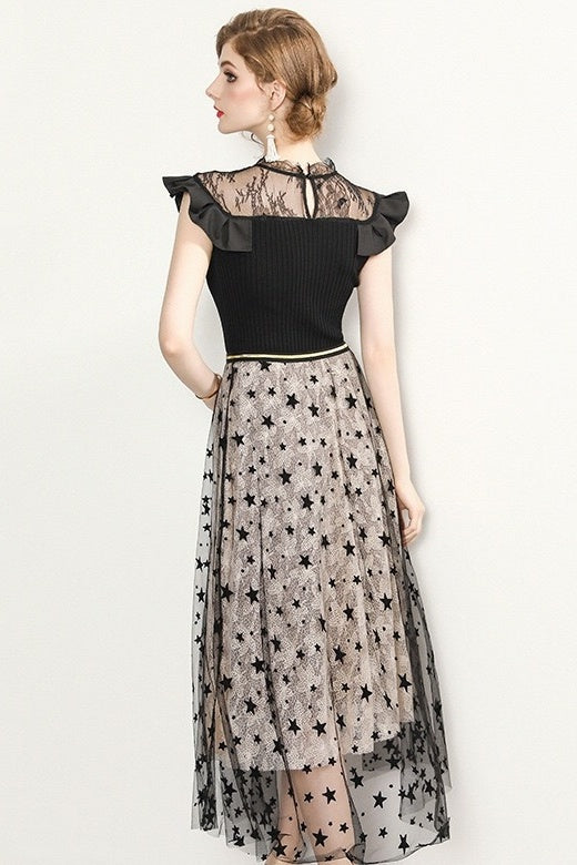 Star Printed Dress W/ Sheer Neck