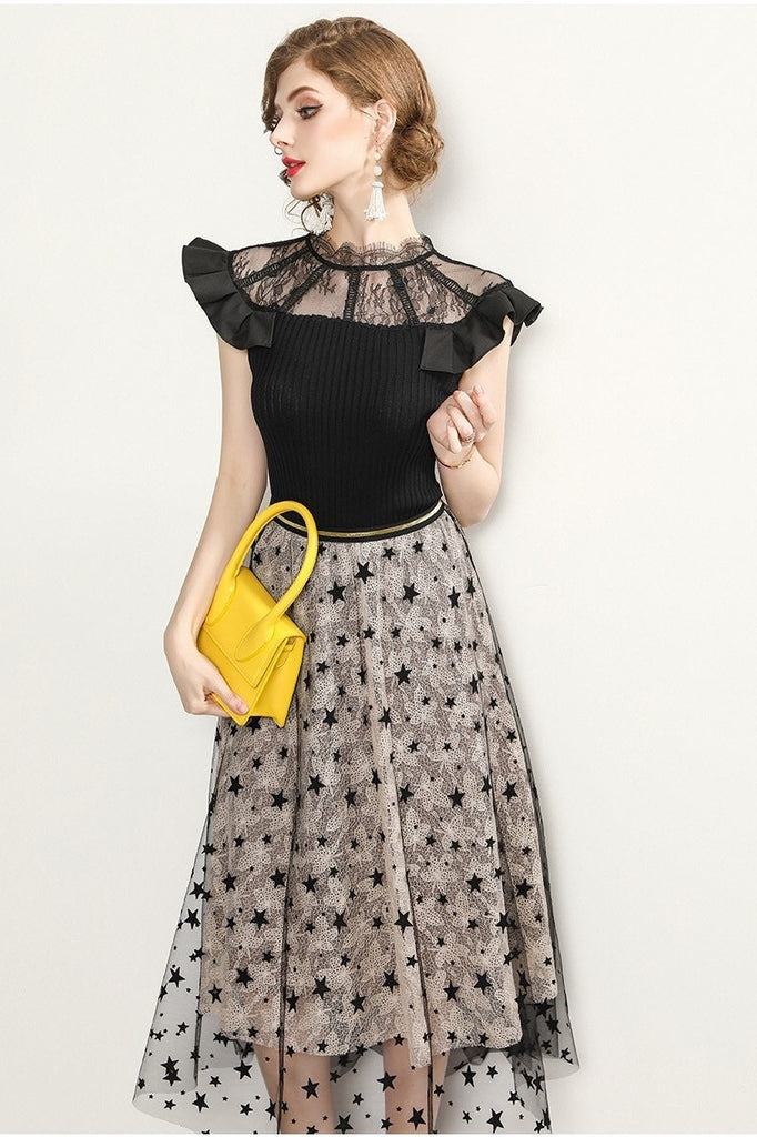 Star Printed Dress W/ Sheer Neck